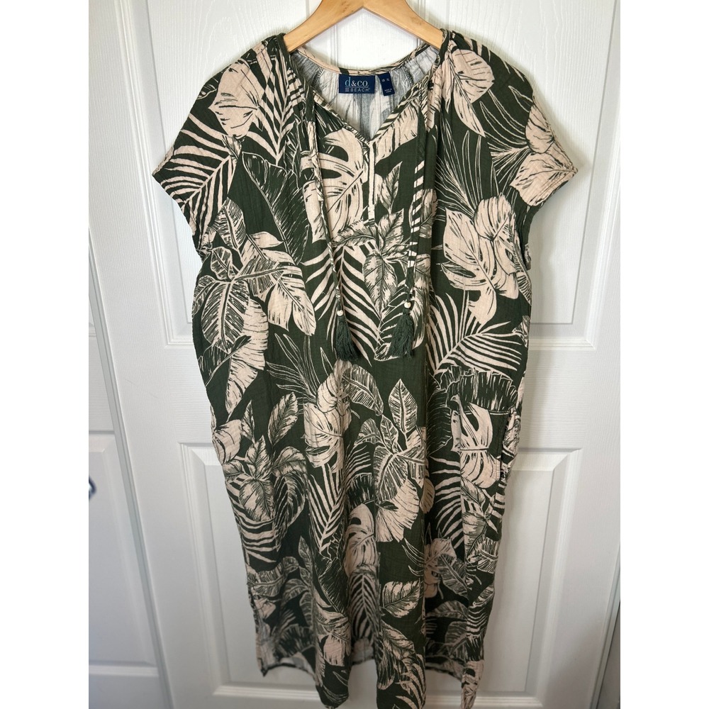 D&Co Beach Tropical Leaf‎ Print Tunic Dress Kaftan Resortwear XL Cover Up